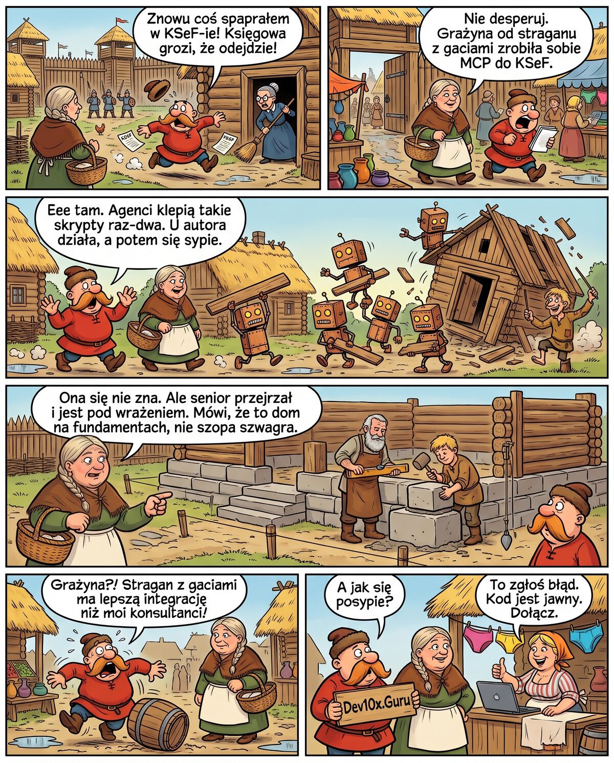 Komiks w sześciu kadrach: Włodek, wypędzany z dworu miotłą przez księgową, dowiaduje się od sąsiadki, że Grażyna od straganu z gaciami zrobiła sobie MCP do KSeF. Na pytanie, co jeśli się posypie, Grażyna odpowiada: To zgłoś błąd. Kod jest jawny. Dołącz.